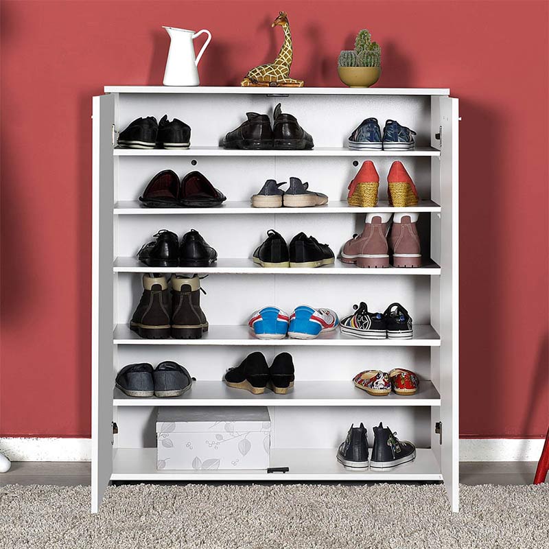 White shoe rack RANDY with double doors and six shelves, designed to hold up to 20 pairs of shoes, ideal for home or business use.